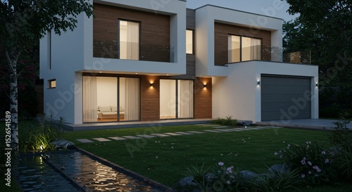 Modern house at twilight with water feature