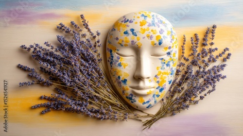 Surreal ceramic face adorned with lavender and yellow wildflowers on soft gradient background with copy space photo