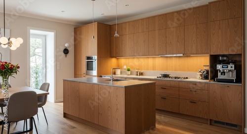 Modern kitchen with wooden cabinets and island