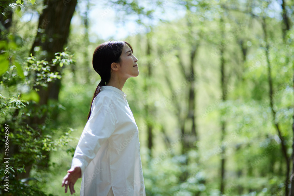 自然の中で森林浴を楽しむ日本人女性 自然の中で森林浴を楽しむ日本人女性