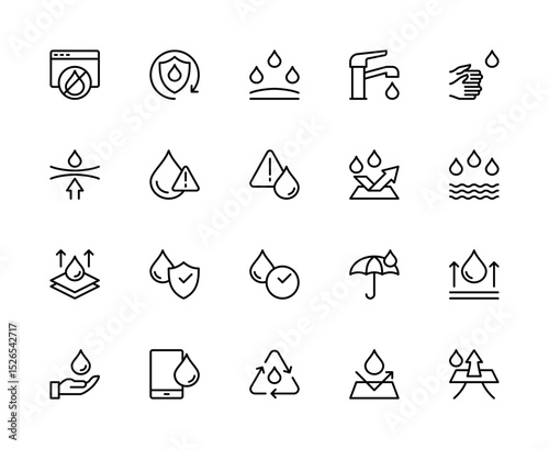 Waterproof related vector linear icons set. Contains such icons as electronics protection, sealed, leak, splashproof and more.