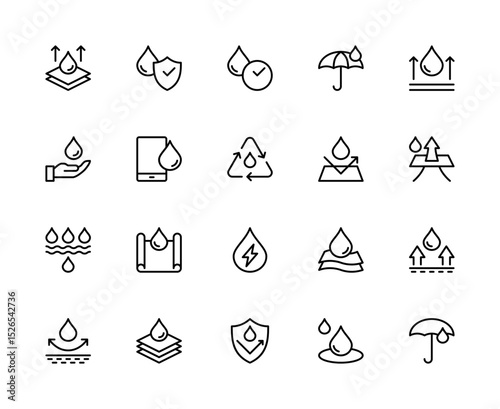 Waterproof related vector linear icons set. Contains such icons as splashproof, rainproof, protection, moisture, drop and more.