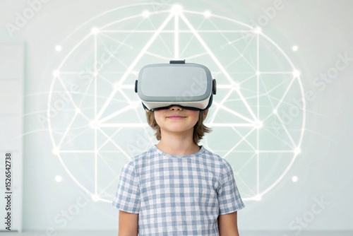 Child using AR headset while virtual AI tutor projects Child wearing VR headset against a geometric background, immersed in virtual reality experience.