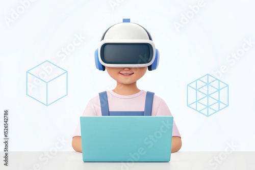 Child using AR headset while virtual AI tutor projects A child engages with virtual reality using a laptop and VR headset, surrounded by 3D shapes.