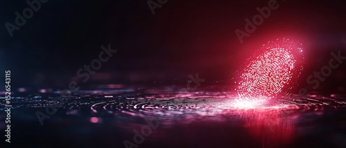 A glowing red fingerprint interacts with a digital surface, representing biometric technology and security.