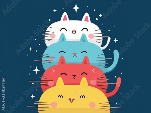  Cartoon Illustration of Four Stacked Cats – Brightly Colored Cats on Dark Blue Starry Background, Playful and Cheerful Vertical Composition