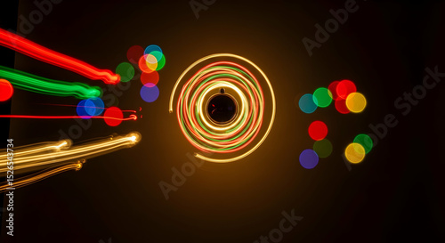 Abstract Light Painting With Motion and Festive Bokeh in Holiday Colors