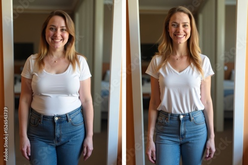 Before and After Weight Loss: Funhouse Mirror Distorts Woman's Reflection in Same Outfit