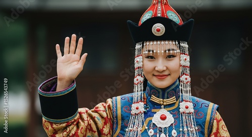 Radiant Woman in Ornate Mongolian Garb Waves