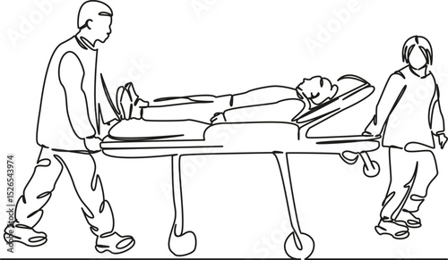 One continuous single drawing line art flat doodle ambulance, doctor, patient, person, stretcher, emergency, hospital, medicine, clinic. Isolated image hand draw contour on a white background, hand dr