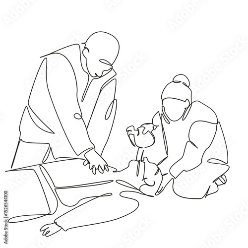 One continuous single drawing line art flat doodle hospital, patient, healthcare and medicine, doctor, adult, emergency room, teamwork, cpr. Isolated image hand draw contour on a white background, han