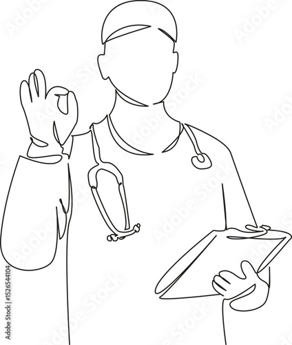 One continuous single drawing line art flat doodle doctor, surgeon, hospital, uniform, ok, stethoscope, care, hand, medicine. Isolated image hand draw contour on a white background, hand drawn, not AI