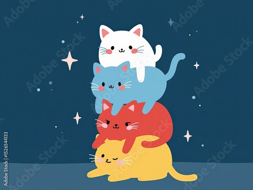 Whimsical Cartoon Illustration of Four Stacked Cats – Brightly Colored Cats on Dark Blue Starry Background, Playful and Cheerful Vertical Composition