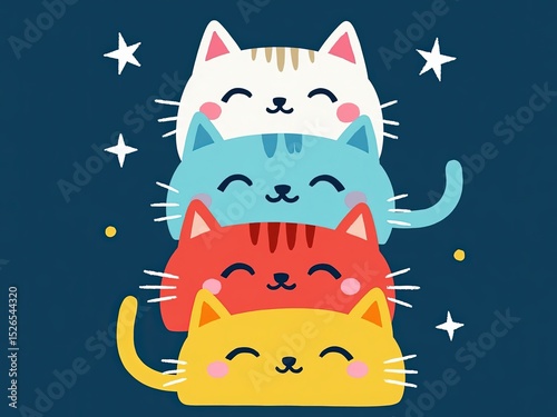 Whimsical Cartoon Illustration of Four Stacked Cats – Brightly Colored Cats on Dark Blue Starry Background, Playful and Cheerful Vertical Composition