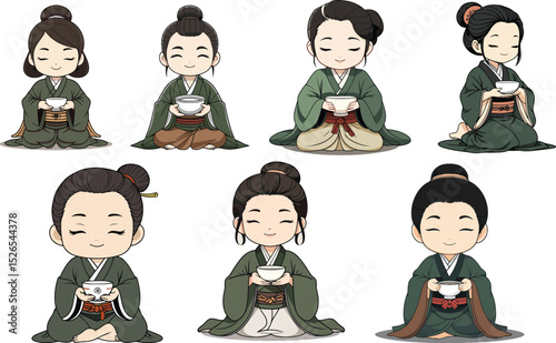 Kimono Woman Character Set Bundle Vector Illustration