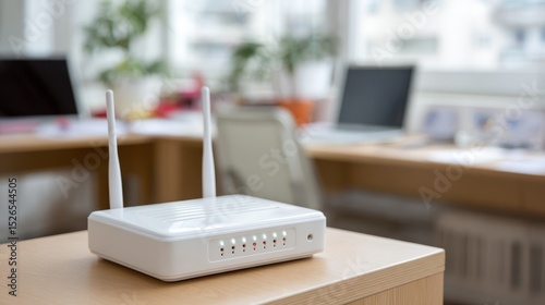 Modern wireless router with glowing led indicators on a clean desk in a contemporary home office setting emphasizing fast, secure internet connectivity photo