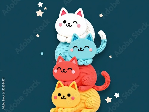Whimsical Cartoon Illustration of Four Stacked Cats – Brightly Colored Cats on Dark Blue Starry Background, Playful and Cheerful Vertical Composition