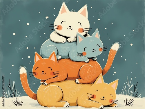 Whimsical Cartoon Illustration of Four Stacked Cats – Brightly Colored Cats on Dark Blue Starry Background, Playful and Cheerful Vertical Composition