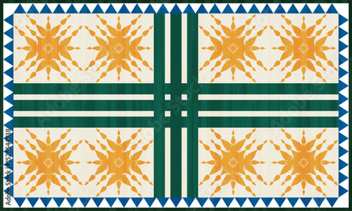 Blue and white triangle border carpet pattern has a pattern arranged in a row and in the middle of the there are beautiful arranged in an orderly manner. fabric patterns, vectors, cream background