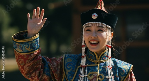 Smiling woman in traditional Mongolian attire waving