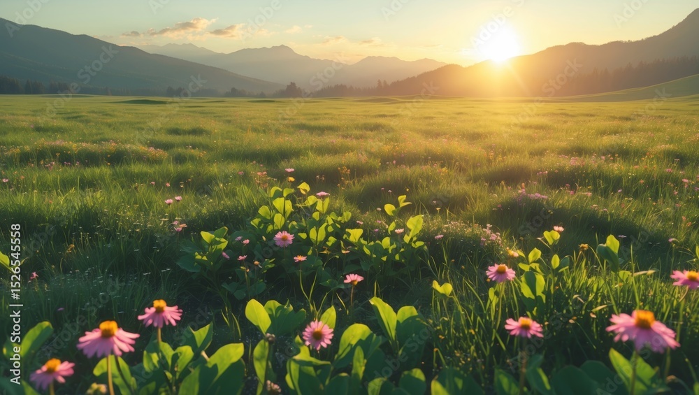 Fototapeta premium A vast, green meadow at sunrise, with colorful wildflowers scattered across the grass. The sun is rising on the horizon, casting a soft golden light over the entire landscape. Mountains in distance