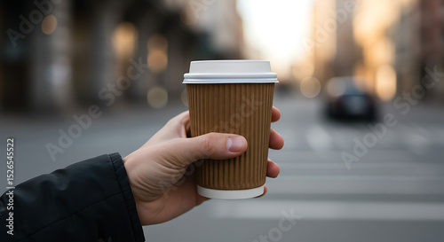 Coffee cup in Hand: A person hand delicately grasping a takeaway cup of coffee on a bustling city street, the warm beverage contrasting with the cool urban environment. 