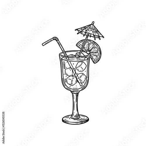 Artistic sketch of a tropical cocktail in a decorated glass with umbrella and citrus slice, refreshing island vibes