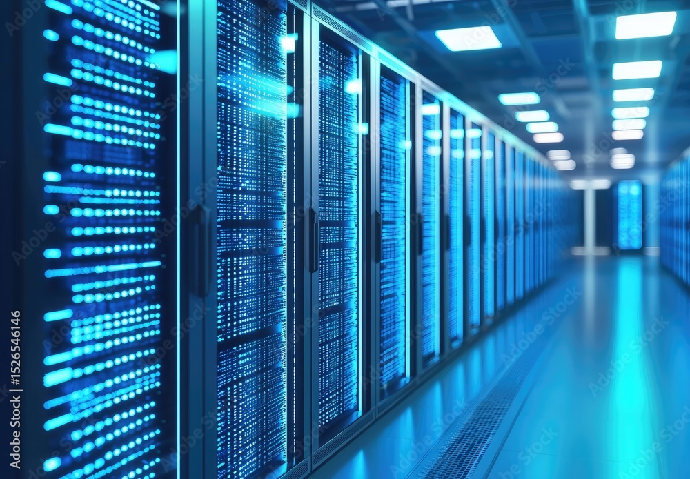 Fototapeta premium Blue glowing server racks in a modern data center hallway, great for illustrating cloud hosting, IT infrastructure, cybersecurity systems, high performance computing, and digital technology solutions