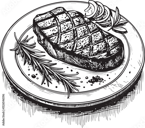 Meat steak on the plate Vector Illustration, Sketch Drawing Line Linear Symbol Icon Engraving Coloring Book, Hand-drawn Black and White Isolated