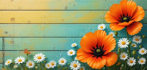Realistic Illustration of Orange Poppies and White Daisies on Colorful Wooden Background with Water Droplets – Bright and Cheerful Spring Floral Art