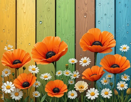 Realistic Illustration of Orange Poppies and White Daisies on Colorful Wooden Background with Water Droplets – Bright and Cheerful Spring Floral Art