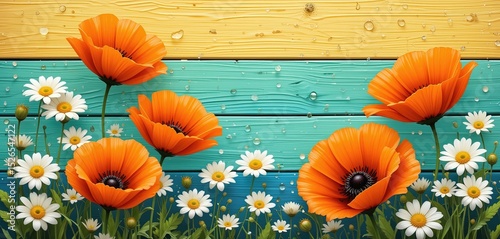 Realistic Illustration of Orange Poppies and White Daisies on Colorful Wooden Background with Water Droplets – Bright and Cheerful Spring Floral Art