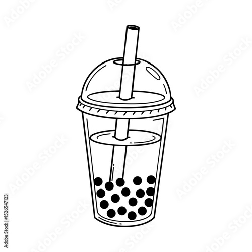 Delicious bubble tea in a plastic cup with straw, filled with tapioca pearls, illustrated in hand-drawn style