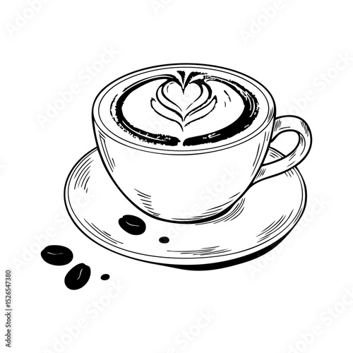 Hand-drawn illustration of a cappuccino or latte cup with steam and foam art. Exudes a cozy and warm coffee shop vibe.