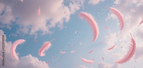 Soft Pink Feathers Floating in Pale Blue Sky with Gentle Clouds – Airy and Poetic Composition with Dreamy Atmosphere and Depth