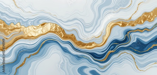Abstract Fluid Art in Light Blue, White, and Gold – Elegant Marbled Texture with Swirling Patterns and Luxurious Gold Accents