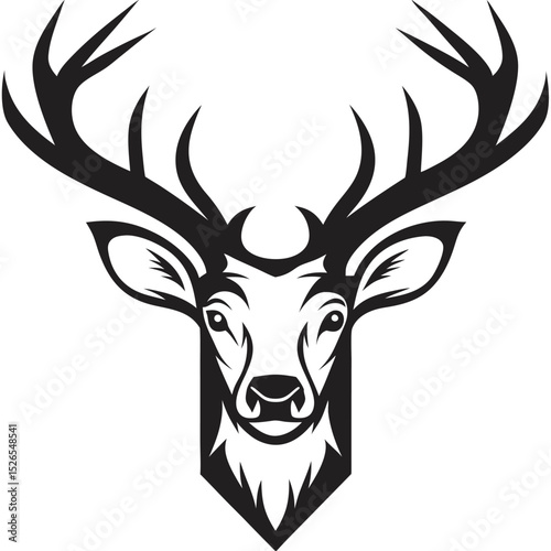 Black and white illustration, deer head silhouette, majestic antlers, minimalist design, elegant profile, stylized wildlife art, sharp contrast, vector graphic style, iconic logo design.