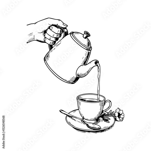 Hand-drawn sketch of a hand pouring tea from a teapot into a cup. Depicts a cozy and traditional tea time scene, ideal for cookbook illustrations