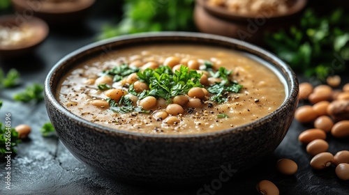 cream of bean soup, ingredients around, copy space, rustic background, side view.