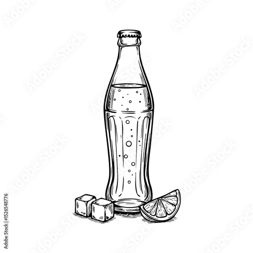 drink-19Hand-drawn illustration of a classic soda bottle with bubbles and citrus slices. Evokes a refreshing vintage feel, suitable for retro beverage designs
