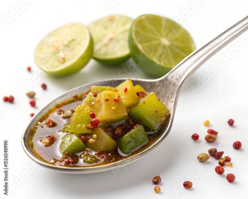 Spicy Mango Lime Pickle on Spoon with Fresh Limes