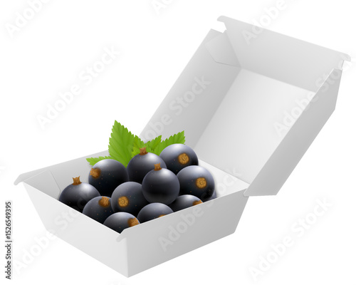 White food box with ripe berries currant, packaging for hamburger, lunch, fast food, burger, sandwich isolated on white background. Packaging Cardboard Box Mockup, Realistic 3d Vector Illustration