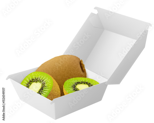 White food box with ripe kiwi. Packaging for hamburger, lunch, fast food, burger, sandwich isolated on white background. Packaging Cardboard Box Mockup, Realistic 3d Vector Illustration