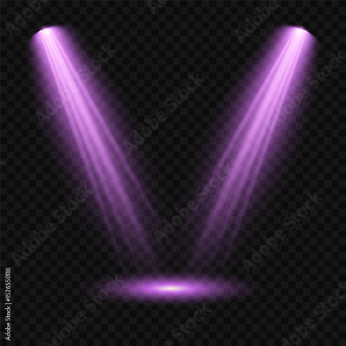 Purple light beam glowing on background. Lighting devices on a transparent background. Violet glow flare light effect. Light sources on dark wall, realistic soft concert light on abstract stage png.