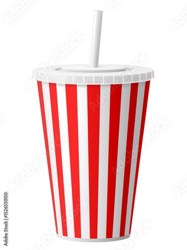 Red and white striped disposable soft drink cup. 3d realistic vector icon. Plastic or paper cup with straw in red and white stripes. Isolated on white background. Cup with closed lid for Soda, juice
