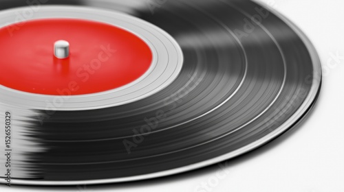 An old vinyl record with a red label spinning. Vintage music studio concept. Retro sound equipment