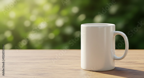 White Mug on Wooden Table: A pristine white mug sits on a warm wooden table, bathed in soft sunlight against a blurred green garden background. This simple yet elegant image conveys serenity and calm.