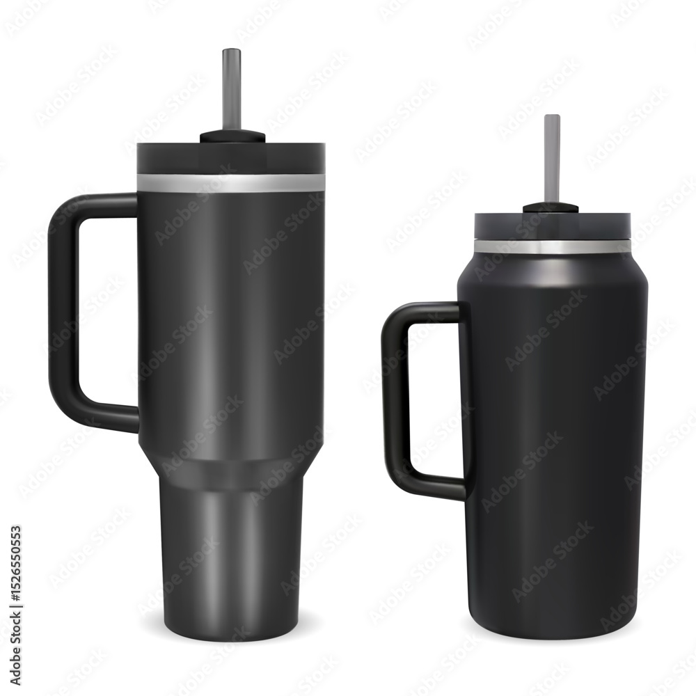Obraz premium Travel mug, coffee drink thermo flask mockup. Hot or cold beverage stainless steel container. Tumbler thermos with handle, black plastic blank design. Insulated thermo cup, portable vacuum set