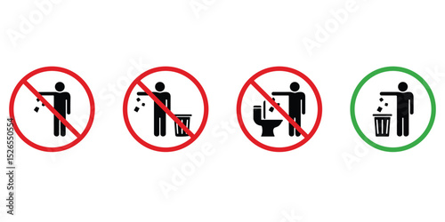 Trash can icon set. Toilet pictogram set with waste paper basket sign. No flush litter toilet sign set. Please do not throw pads towel paper in toilet. Vector illustration