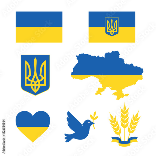 Set of Ukrainian national symbols: flag, coat of arms (trident), map, heart, dove with olive branch, wheat. Blue and yellow patriotic icons. Support Ukraine concept